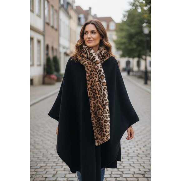 Liz Claiborne Black Fleece Cape Coat Poncho Attached Fur Leopard Scarf One Size - Picture 9 of 9